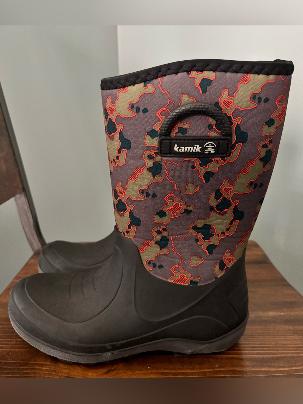 Kamik Kids' Black Rubber Boots with Red and Green Camo Shaft